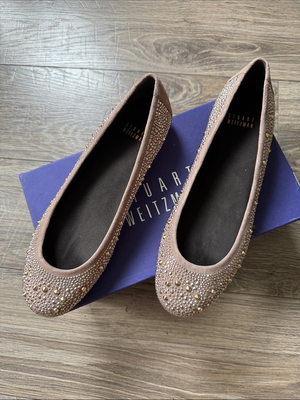 NEW STUART WEITZMAN NUBEADS $365 STUDDED HAZEL LATTE SUEDE BALLET FLATS 38